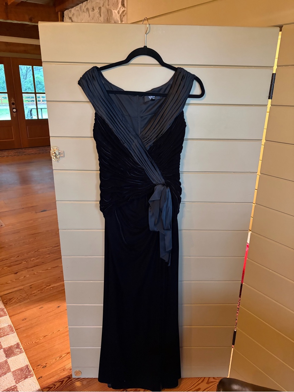 Tadashi Shoji Black Velvet Pleated V-Neck Maxi Gown with Satin Sash